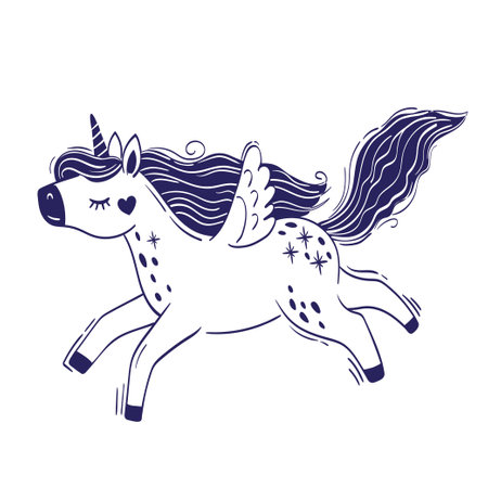 Cute little magical unicorn. Vector hand drawing illustration isolated on white backgroundのイラスト素材