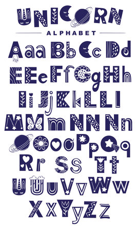 Black and white English alphabet for kids. Doodle font for nursery poster, cards, t-shirts. Hand drawn vector illustrationのイラスト素材