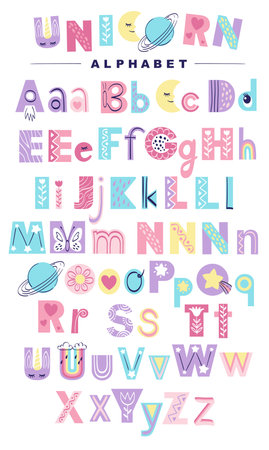 English alphabet of Pastel colors for kids. Doodle font for nursery poster, cards, t-shirts. Hand drawn vector illustrationのイラスト素材