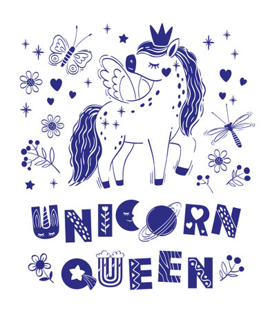 Cute little magical unicorn and short phrase unicorn queen. Vector hand drawing illustration isolated on white backgroundのイラスト素材