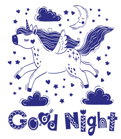 Cute little magical unicorn and short phrase good night. Vector hand drawing illustration isolated on white backgroundのイラスト素材