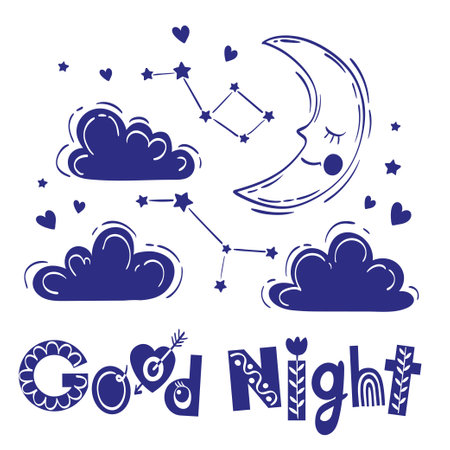 Half-moon slipping among fluffy clouds and short phrase good night. Vector hand drawing illustration isolated on white backgroundのイラスト素材