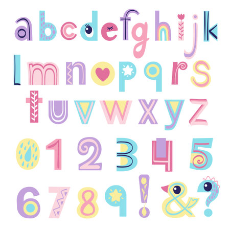 English letters and numbers of Pastel colors for kids. Doodle font for nursery poster, cards, t-shirts. Hand drawn vector illustrationのイラスト素材