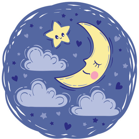 Moon slipping among fluffy clouds. Vector hand drawn illustration on blue backgroundのイラスト素材