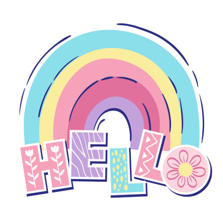 Bright rainbow and text hello. Vector hand drown illustration isolated on white backgroundのイラスト素材