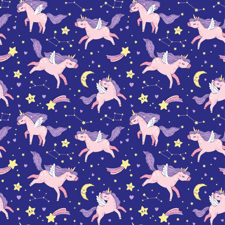 Vector seamless pattern of pink magical unicorns on the starry sky. Hand drawn illustration of an unicorns, a constellation, and crescent moon on dark blue backgroundのイラスト素材