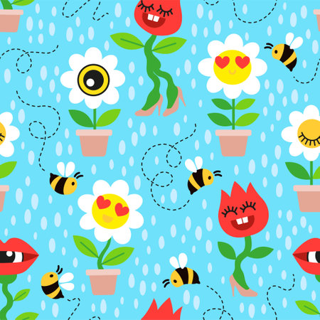 Seamless pattern of home plants. Crazy chamomiles and red tulips flowers and fees in flat style on blue backgroundのイラスト素材