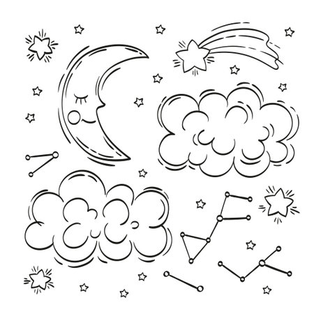 Hand drawn night sky. Vector elements of sleeping moon, stars, clouds. Illustrations in sketch style. Vector illustration for kids coloring book, print, greeting card, t shirtのイラスト素材