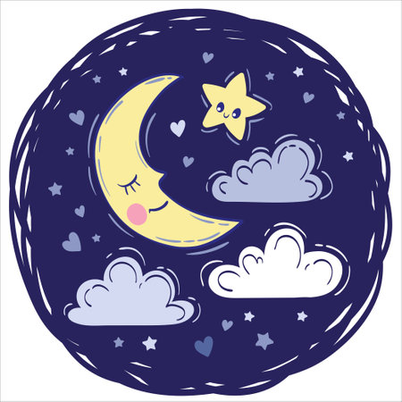 Half-moon slipping among fluffy clouds. Vector hand drawn illustrationのイラスト素材