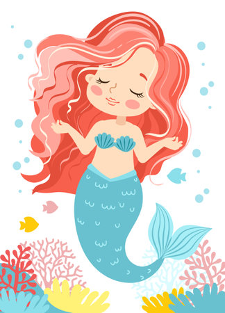Hand drown vector illustration of Beautiful Girl Mermaid with pink hair. Underwater marine life of a coral reefのイラスト素材