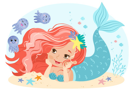 Hand drown vector illustration of Beautiful Girl Mermaid with with pink hair and octopuses. Underwater marine life of a coral reefのイラスト素材