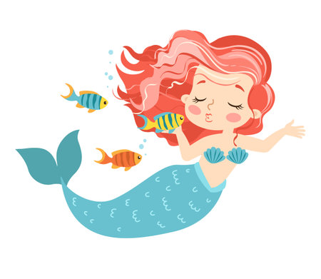 Hand drown vector illustration of Beautiful Girl Mermaid with pink hair. Underwater marine life of a coral reefのイラスト素材