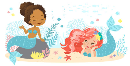 Hand drown vector illustration of Beautiful Girl Mermaid with with pink hair and mermaid African American ethnicity. Underwater marine life of a coral reefのイラスト素材