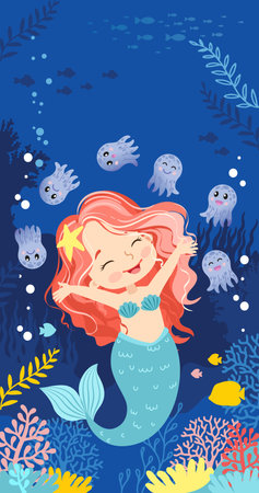 Mermaids life on a coral reef. Hand drawn vector illustration of vertical background in a blue palette colorsのイラスト素材