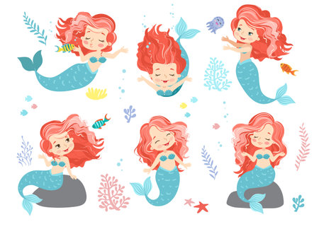 Hand drown vector illustration of Beautiful Girl Mermaid with with pink hair. Set of isolated illustration and elementsのイラスト素材