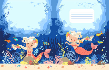 Hand drawn vector illustration of cute mermaid in the underwater world. Cartoon background for Children. Two-page cover template layout for notebooks, planners, brochures, booksのイラスト素材