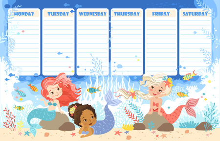 Hand drawn vector illustration of a cute mermaids in the underwater world. Cartoon background for children. Weekly planner and daily planner for children's scheduleのイラスト素材