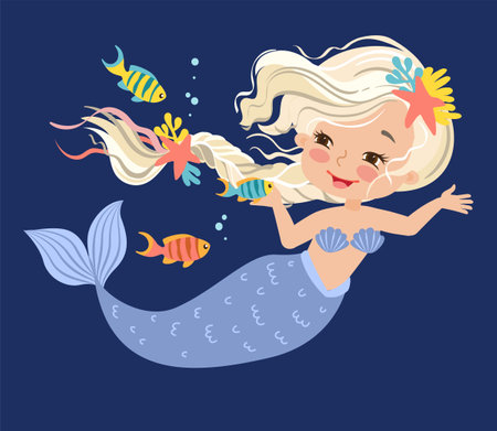 Hand drawn vector illustration of Beautiful Girl Mermaid with a blonde braid. Underwater marine life of a coral reef stonefishのイラスト素材