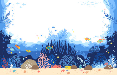 Illustration of underwater sea life of a coral reef. Hand drawn vector backgroundのイラスト素材