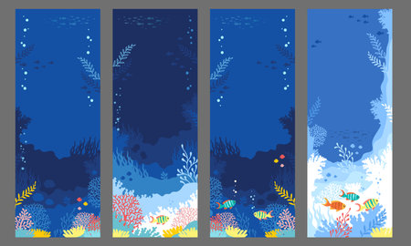 Hand drawn vector illustration of a coral reef. Set of vertical backgrounds in a blue palette colors for bookmarks, cards, invitationのイラスト素材