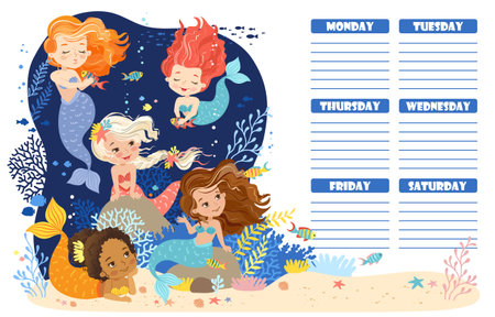 Hand drawn vector illustration of a cute mermaids in the underwater world. Cartoon background for children. Weekly planner and daily planner for children's scheduleのイラスト素材