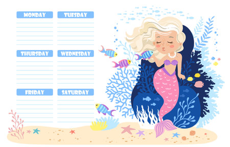 Hand drawn vector illustration of a cute mermaid in the underwater world. Weekly planner and daily planner for children's scheduleのイラスト素材