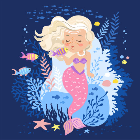 Hand drown vector illustration of Beautiful Girl Mermaid. Underwater marine life of a coral reefのイラスト素材