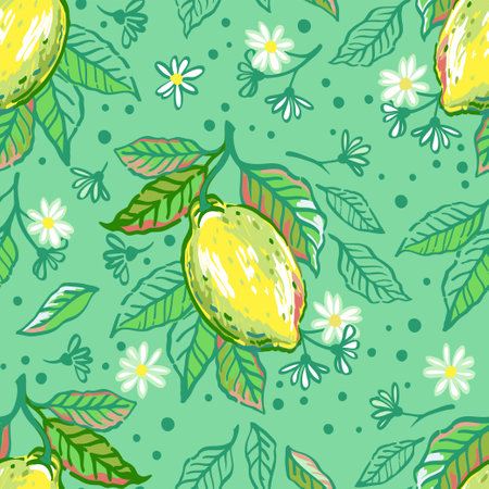 Vector hand drawn seamless pattern. Illustrations of lemon fruits and flowers in the style of pencils sketch for fabric or package designのイラスト素材