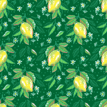 Vector hand drawn seamless pattern. Illustrations of lemon fruits and flowers in the style of pencils sketch for fabric or package designのイラスト素材