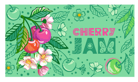 Vector hand drawn illustration of branch with red cherries, flower and leaves. Illustrations of bright ripe fruits for package designのイラスト素材
