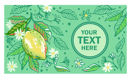 Vector hand drawn illustration of branches lemon tree with fruit, leaves and flowers. Sketch of bright ripe citrus fruitのイラスト素材