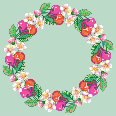 Vector illustration or rip red cherry wreath with leaves and flowers. Hand drawn sketch for card or package designのイラスト素材