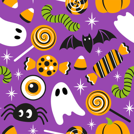 Halloween seamless pattern trick or treat. Cute little ghosts, pumpkins, sweets, lollipops and spiders on purple background. Pattern for fabric, paper, textile, card designのイラスト素材