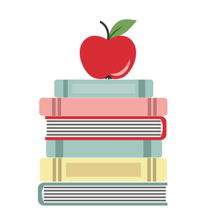 Illustration of red apple on a stack of books isolated on white backgroundのイラスト素材