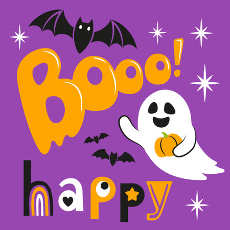 Illustration of funny bat and ghosts. Cute ghosts for Halloween trick or treat card designのイラスト素材