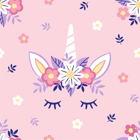 Vector seamless pattern with cute unicorns and flowers on a pink floral backgroundのイラスト素材