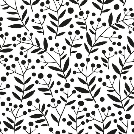 Black and white seamless pattern. Hand drawn floral background. Silhouette of interweaving branches with berries and leavesのイラスト素材