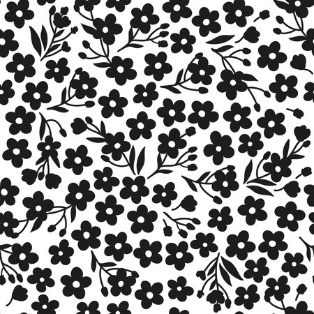 Black and white seamless pattern. Hand drawn illustration. Silhouette of stylized different abstract flowersのイラスト素材