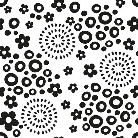 Black and white seamless pattern. Hand drawn illustration. Silhouette of stylized different abstract flowersのイラスト素材