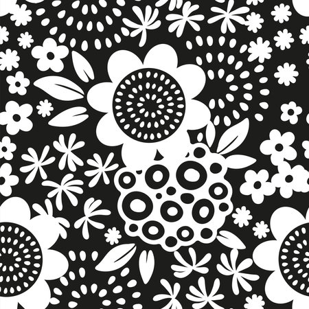 Black and white seamless pattern. Hand drawn illustration. Silhouette of stylized different abstract flowersのイラスト素材