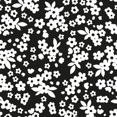 Black and white seamless pattern. Hand drawn illustration. Silhouette of stylized different abstract flowersのイラスト素材