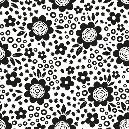 Black and white seamless pattern. Hand drawn illustration. Silhouette of stylized different abstract flowersのイラスト素材