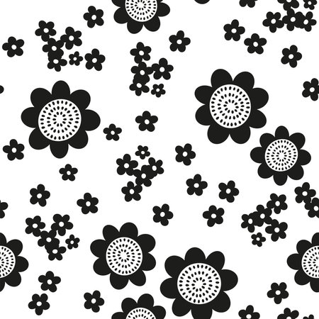 Black and white seamless pattern. Hand drawn illustration. Silhouette of stylized different abstract flowersのイラスト素材