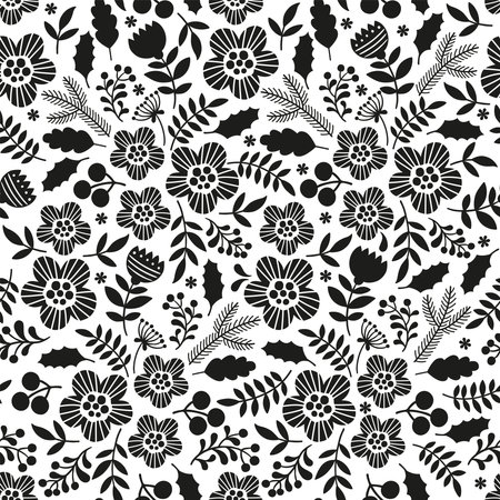 Black and white seamless pattern. Hand drawn illustration. Silhouette of stylized different abstract flowersのイラスト素材