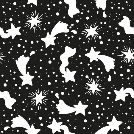Black and white seamless pattern. Stars, bursts, bright sparkles firework, twinkle, glowing light effect, flash. Hand drawn vector illustrationのイラスト素材