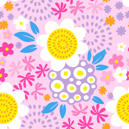 Summer seamless pattern, y2k. Vector hand drawn flowers, stylized daisies and sunflowers on pink backgroundのイラスト素材