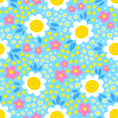 Summer seamless pattern. Vector hand drawn flowers seamless patten. Stylized daisies and sunflowers on blue backgroundのイラスト素材