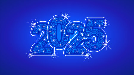 Banner New Year 2025 light glitter typography with neon outline 2025. New Year 2025 on blue backgroundのイラスト素材