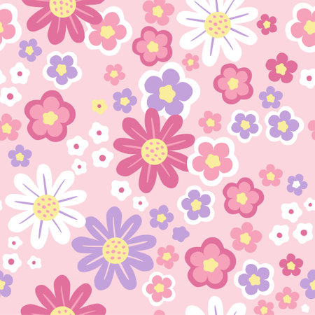 Hand drawn seamless pattern with abstract stylized tiny flowers in pastel colors on pink backgroundのイラスト素材