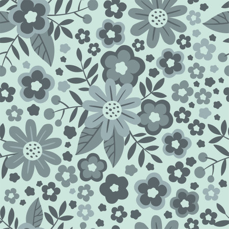 Hand drawn seamless pattern with flowers in gray swamp shades. Lovely romantic Ditsy Fashion Print for background, holiday design, wallpaper, fabricのイラスト素材